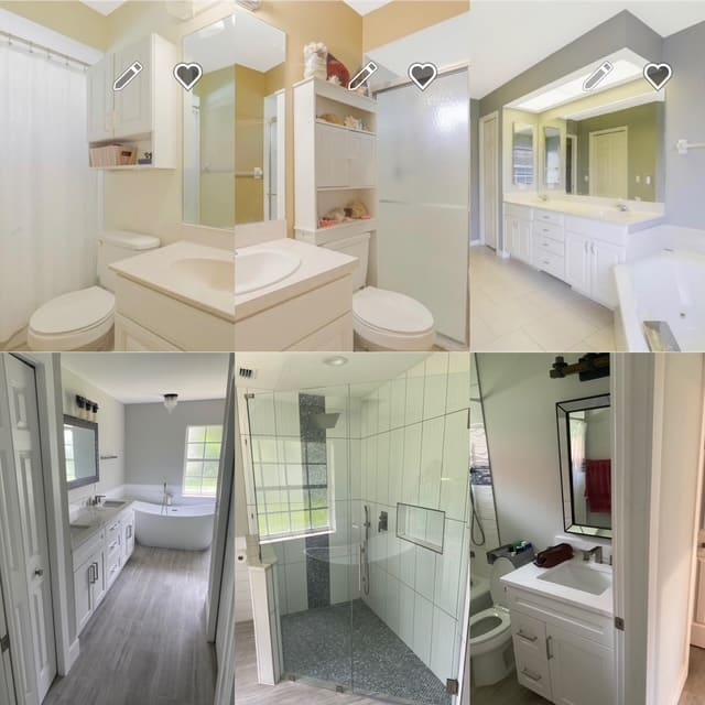 Collection of completed bathroom remodels featuring vanities, showers, and soaking tubs